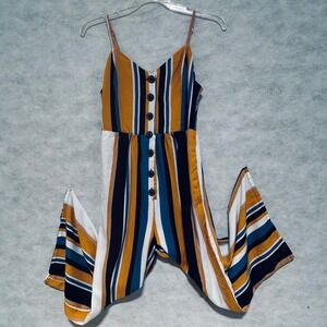 Striped Jumpsuit Womens Small Mustard‎ Blue White Button Front Sleeveless Casual